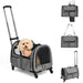 Gray wheeled pet carrier with cream poodle inside, showing multiple usage configurations