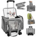 Gray wheeled pet carrier with blue-eyed white cat inside, showing mesh panels and rolling