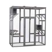 Large gray wooden cat enclosure with mesh walls multiple platforms and double doors front view