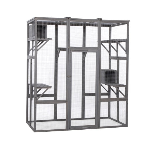 Large gray wooden cat enclosure with mesh walls multiple platforms and double doors front view