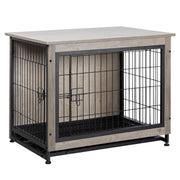 Gray wooden dog crate with black metal bars and wire door, shown from three-quarter angle