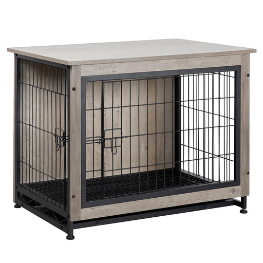 Gray wooden dog crate with black metal bars and wire door, shown from three-quarter angle