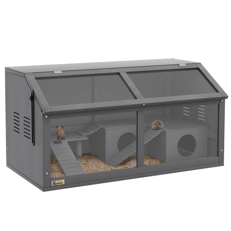 Gray wooden hamster habitat with clear front panels showing two hamsters inside multi-level cage