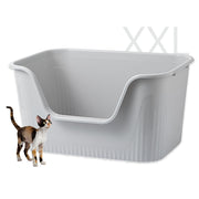 Large gray cat litter box with high sides and low front entry shown with calico cat for size