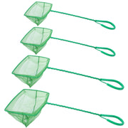Four green aquarium fish nets with fine mesh and braided handles arranged vertically