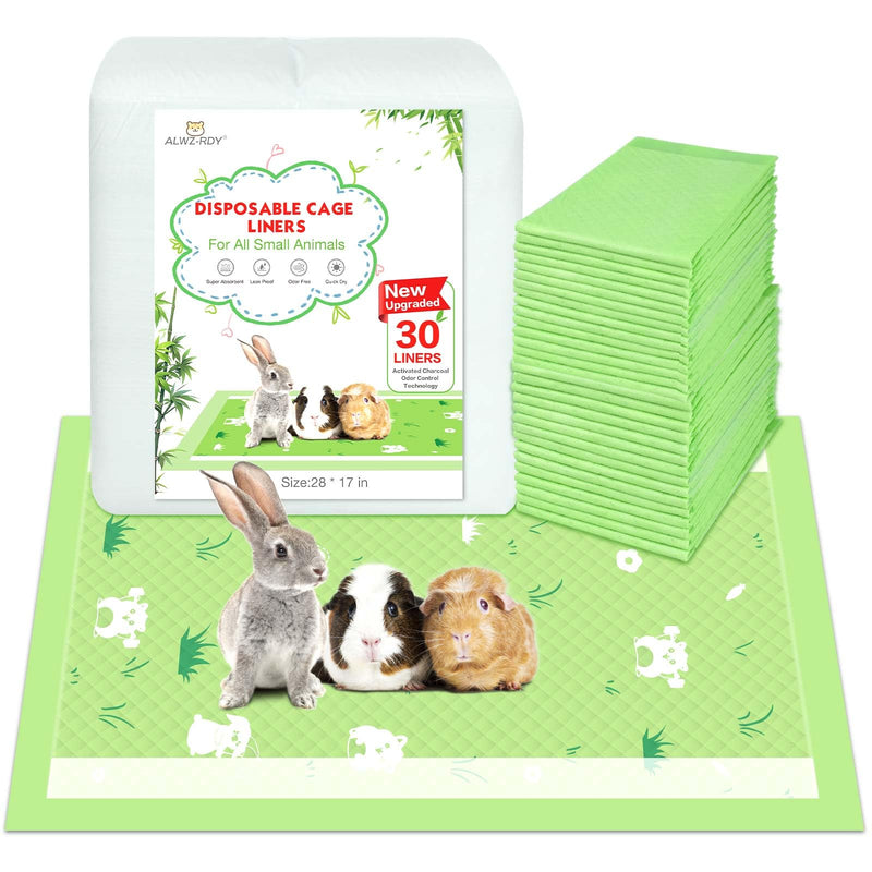 Green disposable cage liners stacked beside package with rabbit and guinea pigs on liner