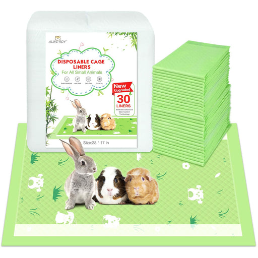 Green disposable cage liners stacked beside package with rabbit and guinea pigs on liner