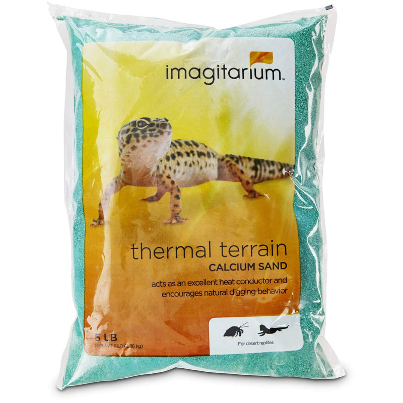 Green calcium sand in clear package with leopard gecko image and thermal terrain branding