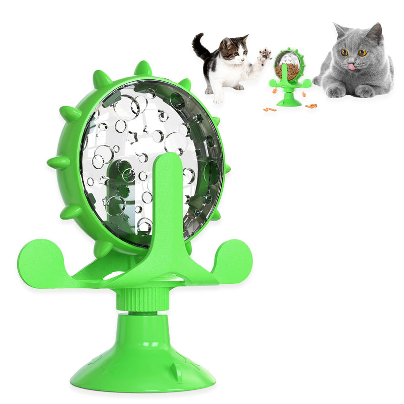 Green rotating cat treat dispenser with clear spinning wheel and suction cup base