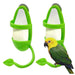 Green plastic cuttlebone holders with white mineral blocks and colorful parrot perched on holder