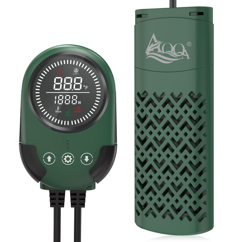 Green digital aquarium heater with LED temperature display and cylindrical heating element