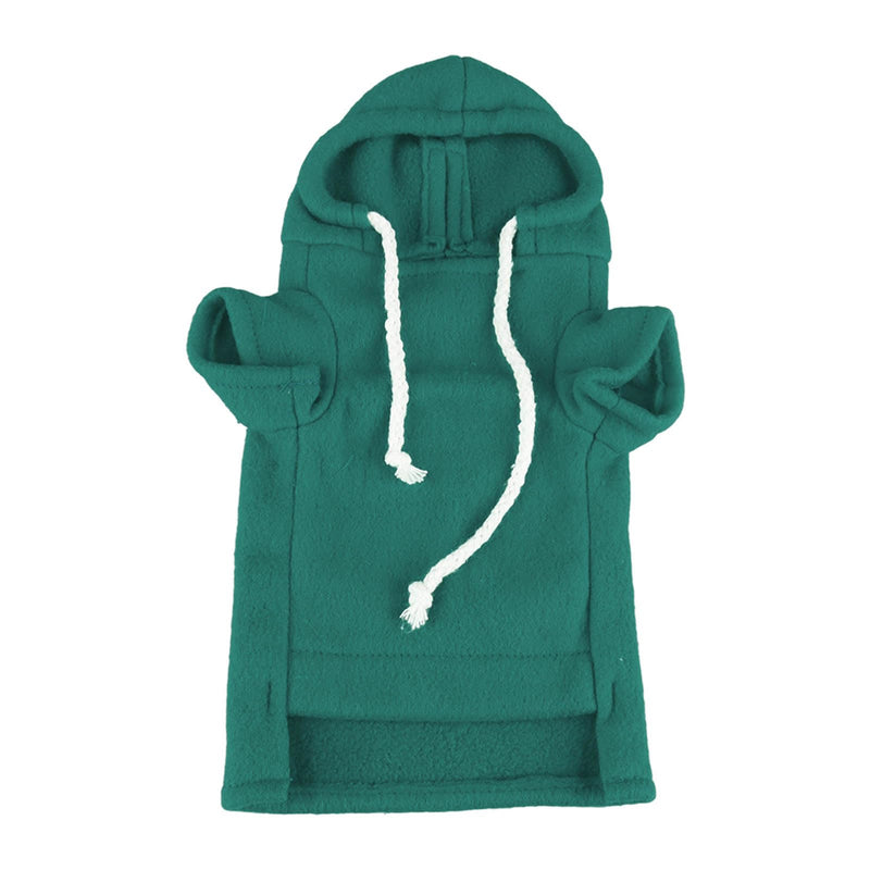 Green dog hoodie with white drawstrings and kangaroo pocket displayed flat on white background