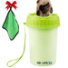 Green portable dog paw cleaner cup with puppy inside, microfiber towel with red bow attached