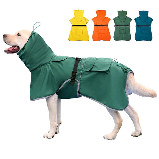 White dog wearing green waterproof raincoat with hood and harness straps, four color options shown