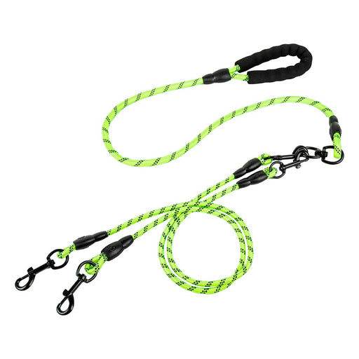 Bright green rope dog leash with black handles and dual clips for walking two dogs
