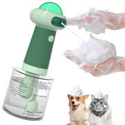 Green electric foaming pet shampoo dispenser with foam dispensing onto hands and dog cat below