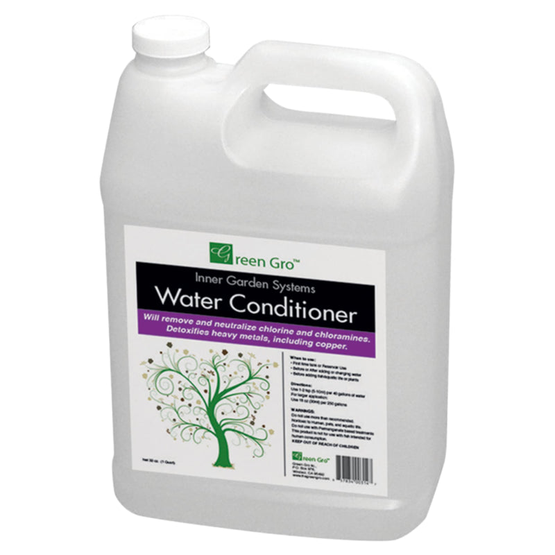 White plastic jug of Green Gro water conditioner with green tree logo and purple accent text