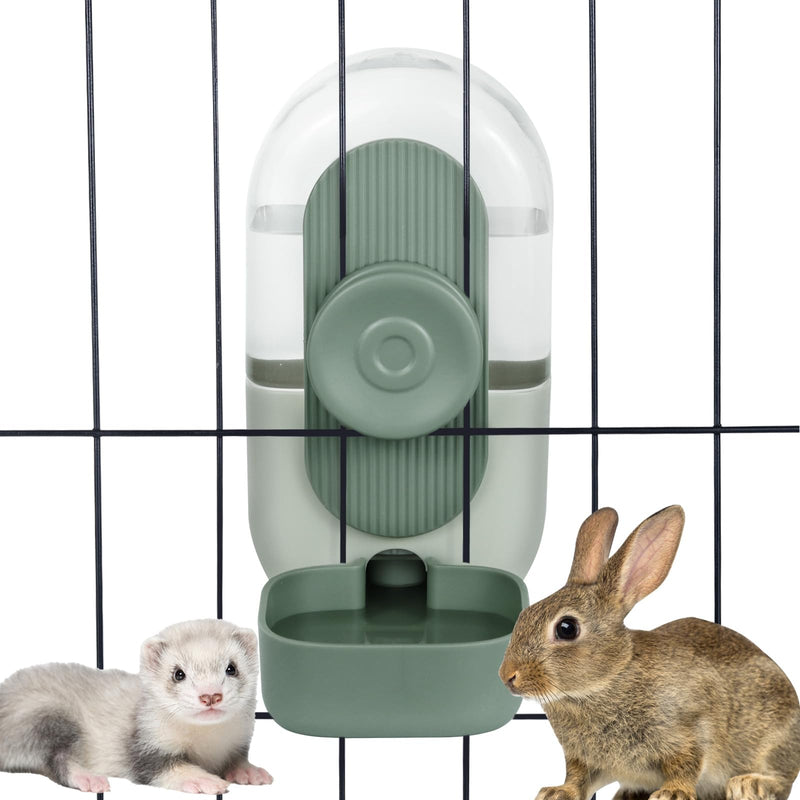 Green automatic hanging water dispenser mounted on cage bars with ferret and rabbit nearby