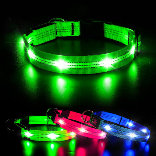 Green LED dog collar with bright white lights and reflective strips glowing on black background