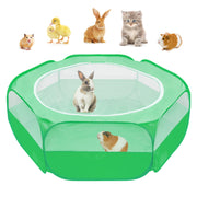 Green octagonal mesh pet playpen with rabbit inside and guinea pig below, showing various small