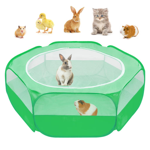 Green octagonal mesh pet playpen with rabbit inside and guinea pig below, showing various small