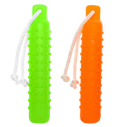 Green and orange textured dog fetch toys with white rope handles on white background