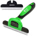 Green and black pet deshedding tool with metal comb blade and ergonomic handle plus extra blade