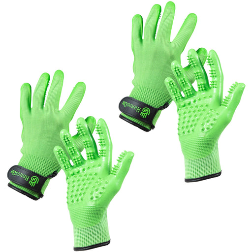 Bright green pet grooming gloves with rubber massage tips shown from multiple angles