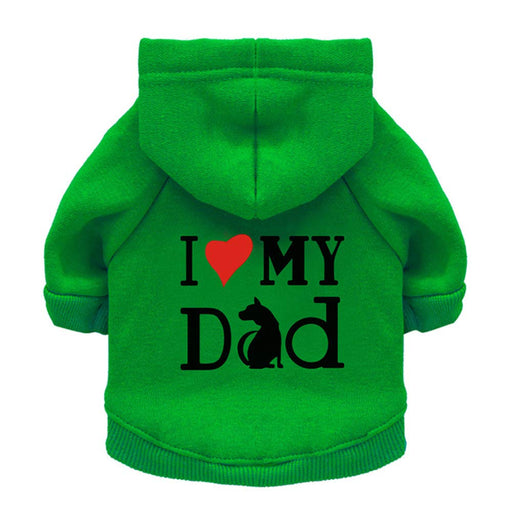 Green pet hoodie back view showing I Love My Dad print with red heart and cat silhouette