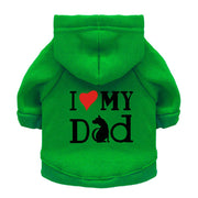 Green pet hoodie back view with I Love My Dad text and red heart graphic
