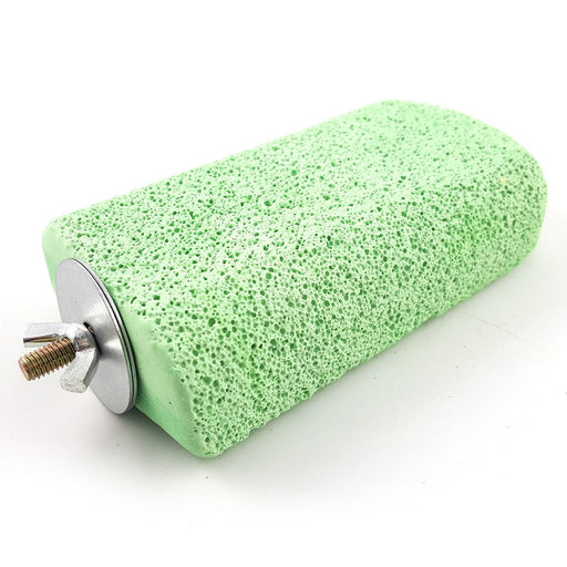 Green pumice ledge perch with metal mounting hardware and porous volcanic stone texture