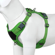Green no-pull reflective dog harness with padded chest plate and quick-release buckles on mannequin