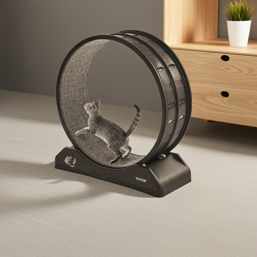 Grey tabby cat using an exercise wheel in the living room.