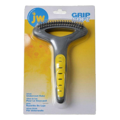JW Pet GripSoft deluxe undercoat rake with yellow handle and metal teeth in retail packaging
