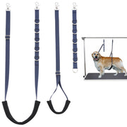 Blue dog grooming belly strap set with foam padding shown in multiple sizes with golden
