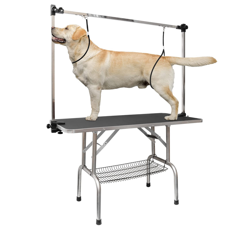 Yellow Labrador secured with restraints on professional grooming table with overhead arm