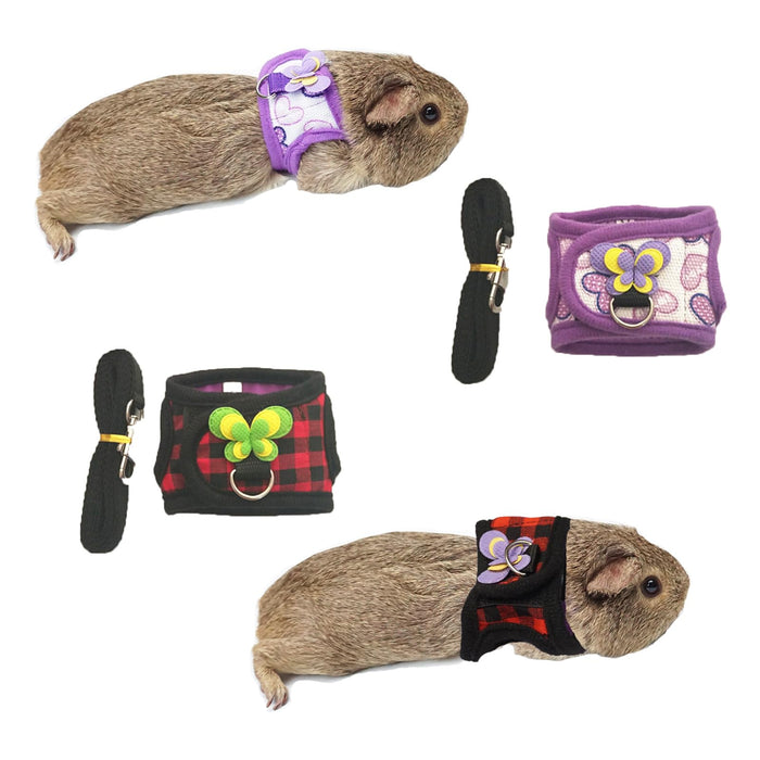 Two guinea pigs wearing butterfly harnesses in purple and plaid patterns with leashes