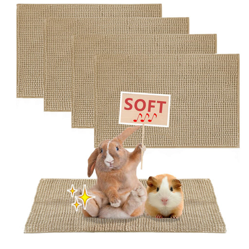 Beige textured cage liners with rabbit holding soft sign and guinea pig sitting on mat