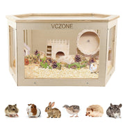 Wooden guinea pig cage with clear panels showing interior setup and small animals below