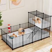 Black wire guinea pig cage with two levels showing hamsters inside with wooden house and tunnel