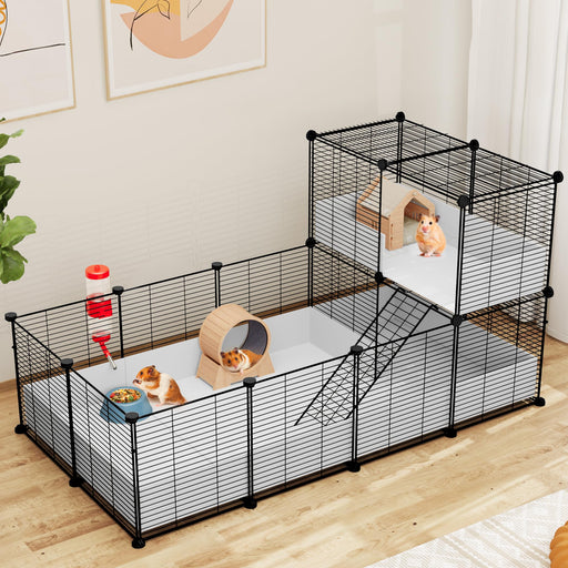 Black wire guinea pig cage with two levels showing hamsters inside with wooden house and tunnel