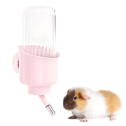 Pink pet water bottle with clear chamber and guinea pig drinking from metal spout
