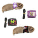 Two guinea pigs wearing butterfly harnesses in purple and red plaid patterns with matching leashes