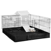 Black wire guinea pig playpen with white shelter house and waterproof liner on white background