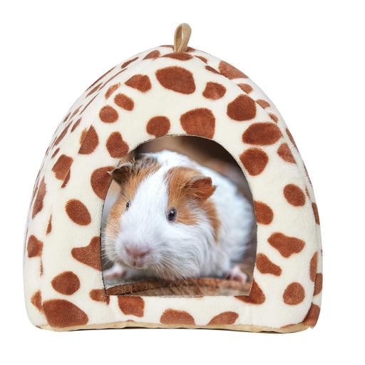 Guinea pig inside cream colored cave bed with brown spotted pattern and hanging loop