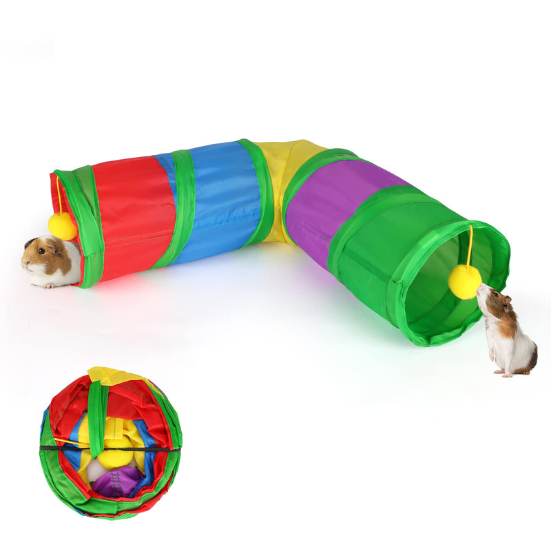 Colorful L-shaped collapsible tunnel with two guinea pigs at entrances and compact folded view
