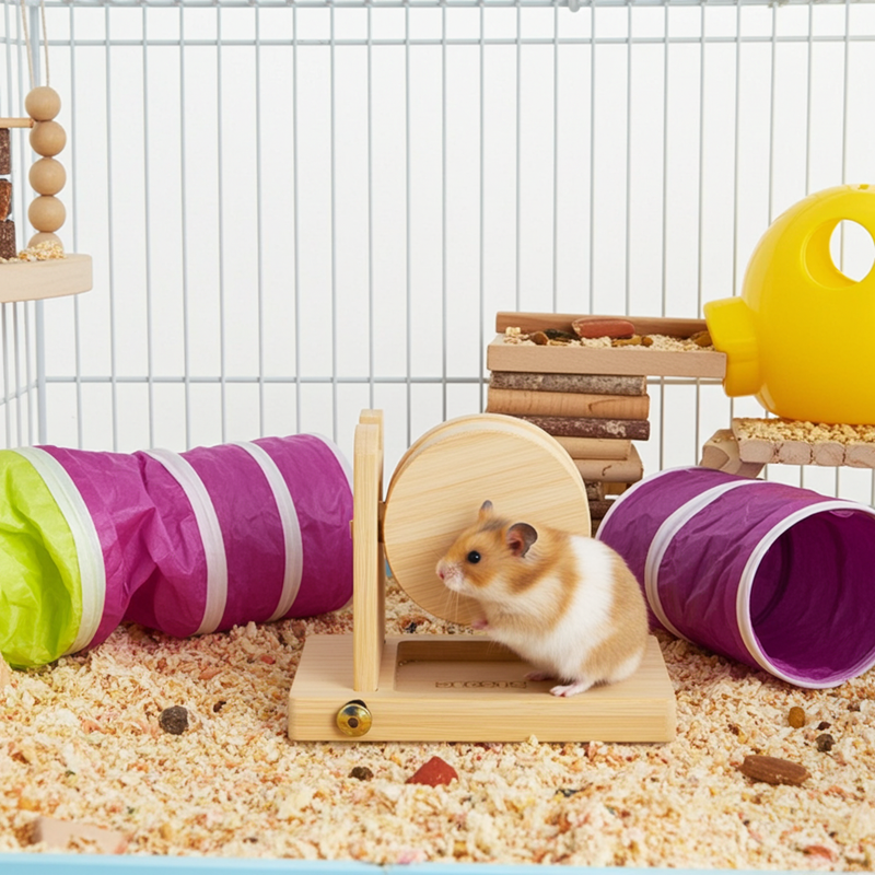 An adorable little hamster using a wheel filled with snacks.