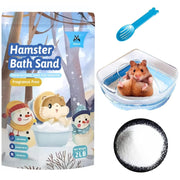 Hamster bath sand package with winter theme, clear bath container, blue scoop and white sand