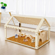 Light wood hamster house with clear roof panel showing three hamsters inside with bedding and toys