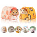 Two hamsters in colorful fabric hideout houses with small animal compatibility icons below